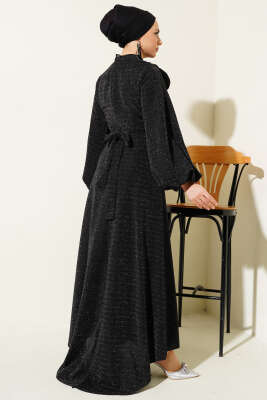 Degaje Yaka Simli Abiye Elbise Siyah - Tesettür Elbise