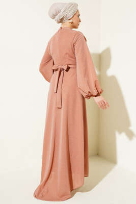 Degaje Yaka Simli Abiye Elbise Somon - Tesettür Elbise