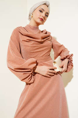 Degaje Yaka Simli Abiye Elbise Somon - Tesettür Elbise