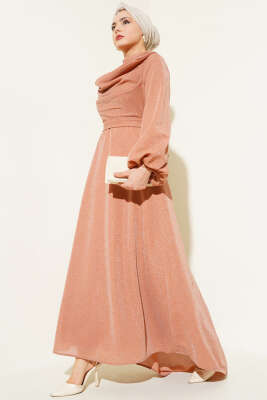 Degaje Yaka Simli Abiye Elbise Somon 