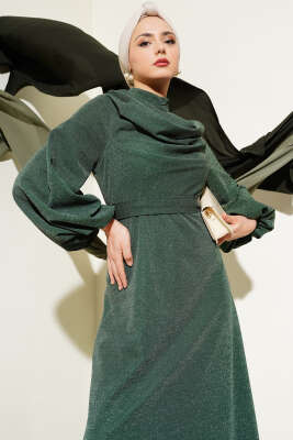 Degaje Yaka Simli Abiye Elbise Yeşil - Tesettür Elbise