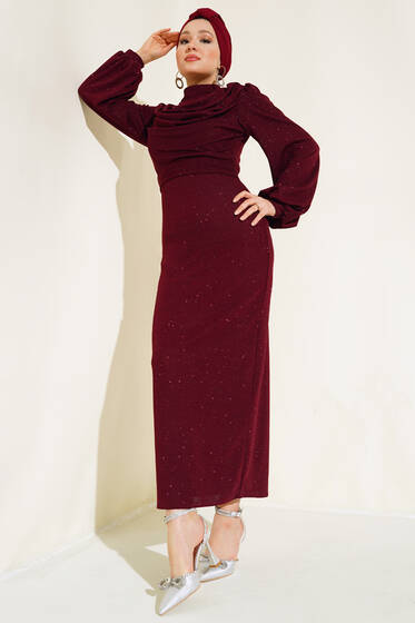 Degaje Yaka Simli Elbise Bordo - Tesettür Elbise