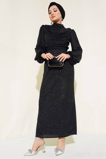 Degaje Yaka Simli Elbise Siyah - Tesettür Elbise