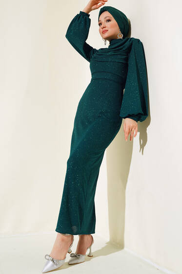 Degaje Yaka Simli Elbise Zümrüt Yeşili - Tesettür Elbise