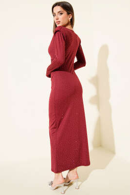 Degaje Yaka Taşlı Vatkalı Elbise Bordo - Kadın Giyim Modelleri