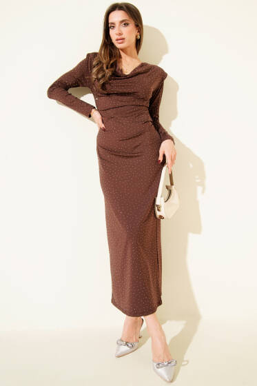 Degaje Yaka Taşlı Vatkalı Elbise Kahve - Kadın Giyim Modelleri