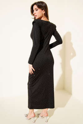 Degaje Yaka Taşlı Vatkalı Elbise Siyah - Kadın Giyim Modelleri