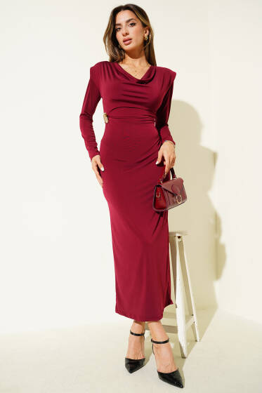 Degaje Yaka Vatkalı Elbise Bordo - Kadın Giyim Modelleri