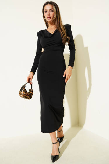 Degaje Yaka Vatkalı Elbise Siyah - Kadın Giyim Modelleri