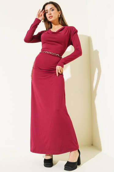 Degaje Yaka Zincir Kemerli Elbise Bordo - Kadın Giyim Modelleri