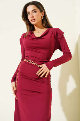 Degaje Yaka Zincir Kemerli Elbise Bordo - Kadın Giyim Modelleri