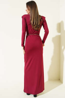 Degaje Yaka Zincir Kemerli Elbise Bordo - Kadın Giyim Modelleri