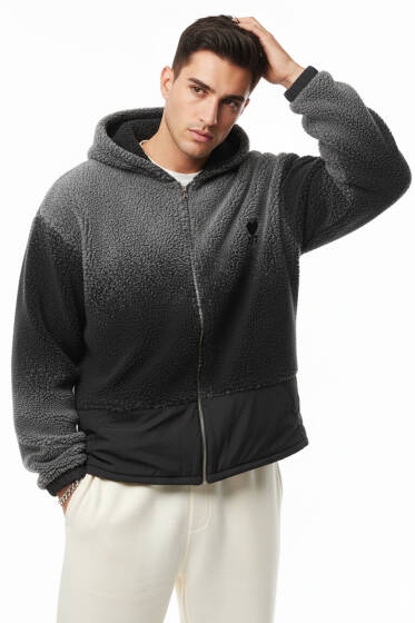 Degrade Fermuarlı Peluş Erkek Mont Siyah - Erkek Mont