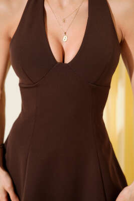 Dekolteli Mini Elbise Kahve - Kadın Giyim Modelleri