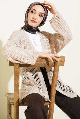 Delikli Ajurlu Triko Hırka Bej 