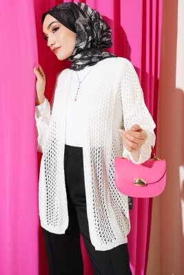 Delikli Ajurlu Triko Hırka Beyaz - VANİZA TRİKO