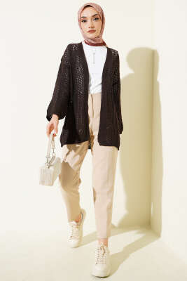 Delikli Ajurlu Triko Hırka Kahve - Hırka