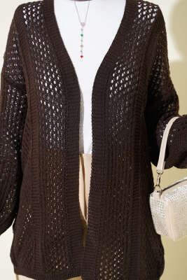 Delikli Ajurlu Triko Hırka Kahve - Hırka