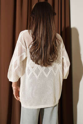 Delikli Baklava Desenli Triko Ajur Hırka Bej - Kadın Giyim Modelleri