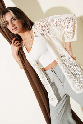 Delikli Baklava Desenli Triko Ajur Hırka Bej - VANİZA TRİKO