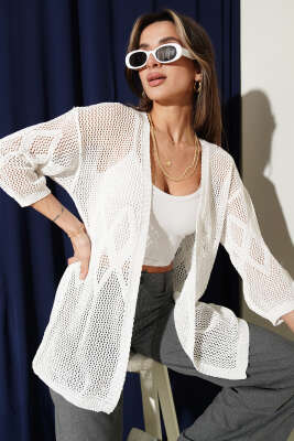 Delikli Baklava Desenli Triko Ajur Hırka Beyaz - VANİZA TRİKO