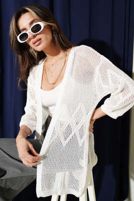 Delikli Baklava Desenli Triko Ajur Hırka Beyaz - Kadın Giyim Modelleri