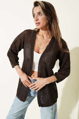 Delikli Baklava Desenli Triko Ajur Hırka Kahve - Kadın Giyim Modelleri