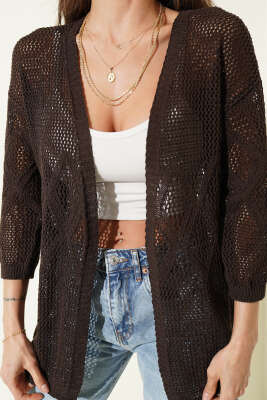 Delikli Baklava Desenli Triko Ajur Hırka Kahve - Kadın Giyim Modelleri