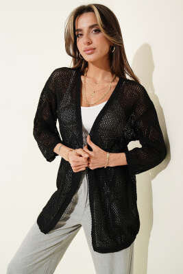 Delikli Baklava Desenli Triko Ajur Hırka Siyah - Kadın Giyim Modelleri