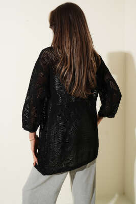Delikli Baklava Desenli Triko Ajur Hırka Siyah - Kadın Giyim Modelleri