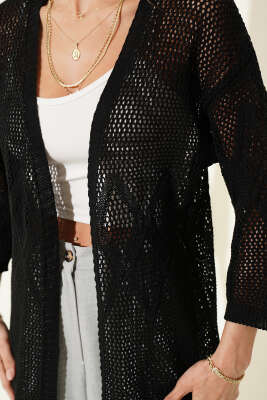 Delikli Baklava Desenli Triko Ajur Hırka Siyah - Kadın Giyim Modelleri