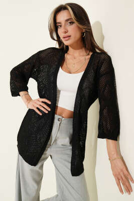 Delikli Baklava Desenli Triko Ajur Hırka Siyah - VANİZA TRİKO