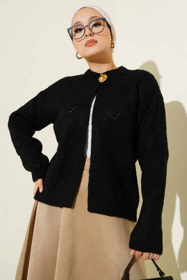 Delikli Baklava Desenli Triko Hırka Siyah - Hırka