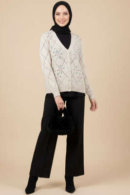 Delikli Çiçek Nakışlı Triko Hırka Taş - Hırka