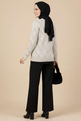 Delikli Çiçek Nakışlı Triko Hırka Taş - Hırka