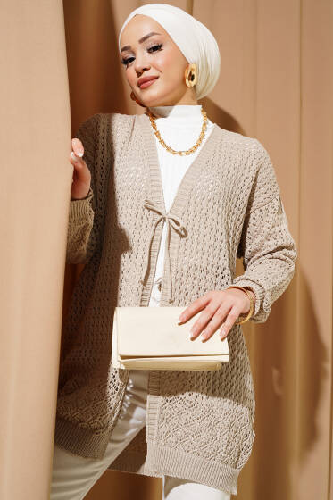 Delikli İp Bağcıklı Triko Hırka Bej - Hırka