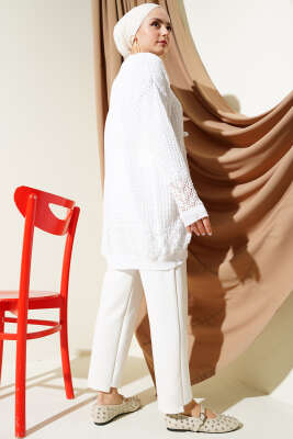 Delikli İp Bağcıklı Triko Hırka Beyaz - Triko Hırka