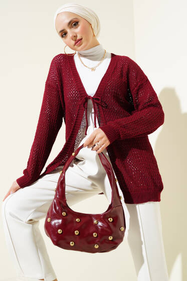 Delikli İp Bağcıklı Triko Hırka Bordo - Hırka