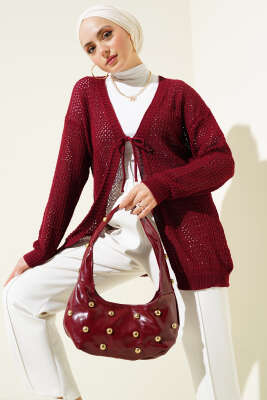 Delikli İp Bağcıklı Triko Hırka Bordo 