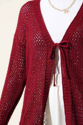 Delikli İp Bağcıklı Triko Hırka Bordo - Triko Hırka