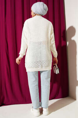 Delikli İp Bağcıklı Triko Hırka Ekru - Triko Hırka