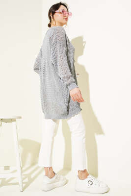 Delikli İp Bağcıklı Triko Hırka Gri - Triko Hırka