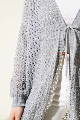 Delikli İp Bağcıklı Triko Hırka Gri - Triko Hırka