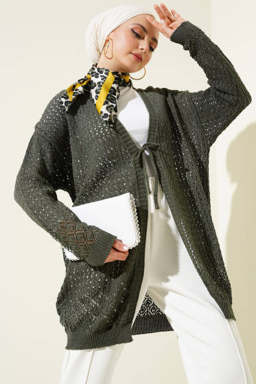 Delikli İp Bağcıklı Triko Hırka Haki - Hırka