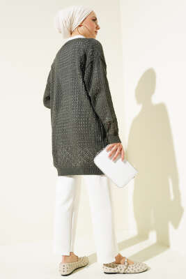 Delikli İp Bağcıklı Triko Hırka Haki - Triko Hırka