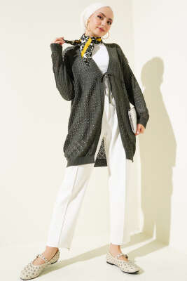 Delikli İp Bağcıklı Triko Hırka Haki - Triko Hırka