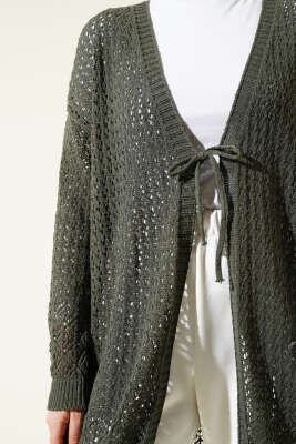 Delikli İp Bağcıklı Triko Hırka Haki - Triko Hırka