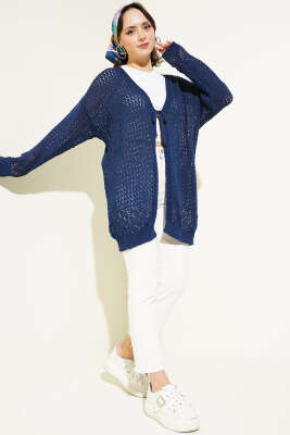 Delikli İp Bağcıklı Triko Hırka Lacivert - Triko Hırka