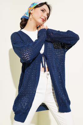 Delikli İp Bağcıklı Triko Hırka Lacivert 