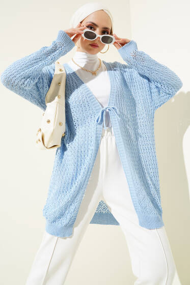 Delikli İp Bağcıklı Triko Hırka Mavi - Hırka